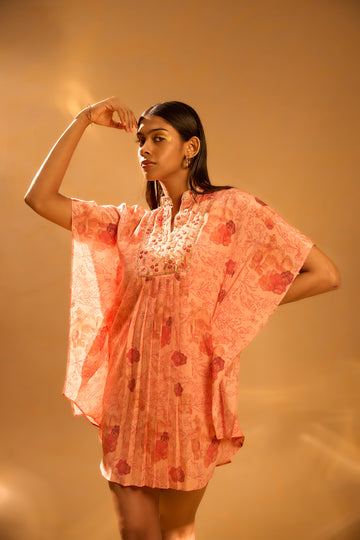 Short Printed Embroidered Kaftan with Slip & Box-Pleated Pants