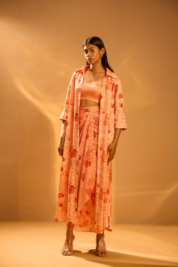 Printed Maxi Shirt Dress, Embellished Backless Strap Blouse & Overlap Pleated Printed Crepe Skirt