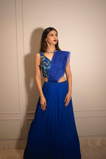 V-neck Embroidered Blouse & Knife Pleated Skirt (with can-can)