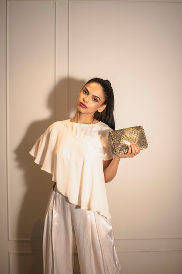 Assymetrical Ruffle Top & Inverted Pleat Flare Pants