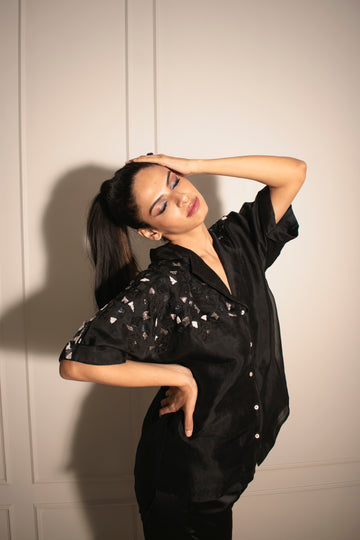 Mosaic Embellished Organza Shirt & Cigarette Pants