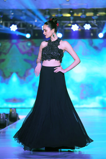 3D Applique Halter Blouse & Knife Pleated Skirt (with can-can)