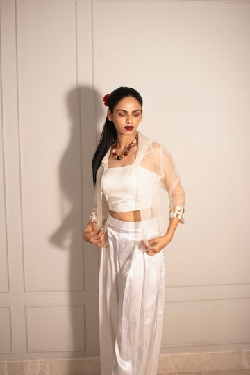 Sheer Crop Jacket, Tube Top & Inverted Pleat Flare Pants