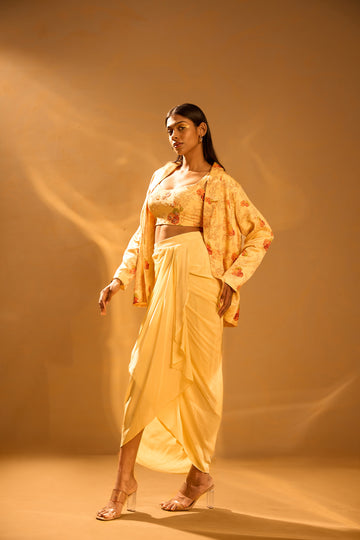 NEH Yellow Printed Blazer, Strapped Printed Blouse & Overlap Pleated Crepe Skirt