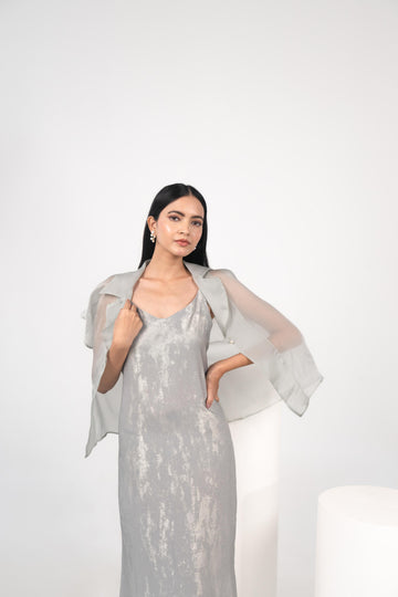 Satin Organza Overshirt & Foil Maxi Slip Dress
