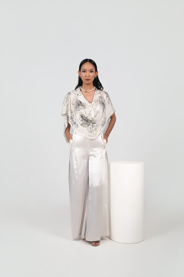 Printed Cowl Lapel Top, Banded Bralette & Stitched-down Pleated Pants