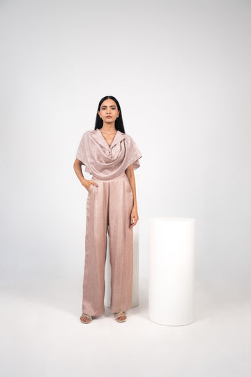 Foil Cowl Lapel Top, Tissue Bralette & Airy Pleated Pants