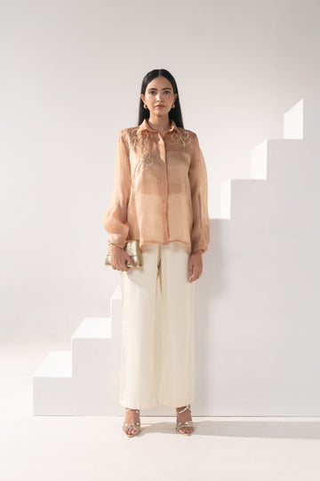 Foil Bralette, Sheer Flap Shirt & Relaxed pants