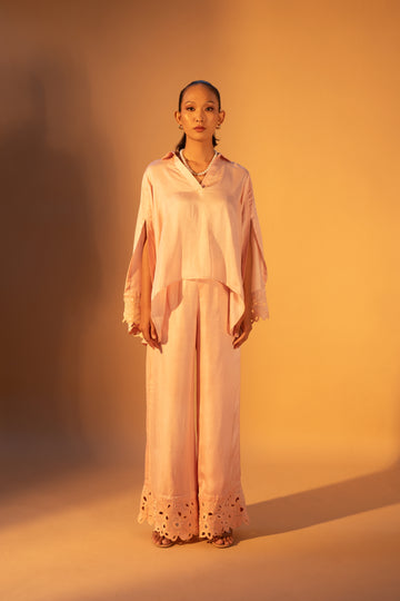 V-Neck Cutwork Slit Sleeve Top & Floral Cutwork Pants