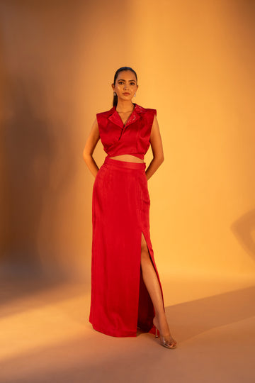 AKAI Lapel Collar Top & Maxi Slit Skirt