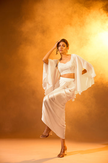 Crema blouse, Embellished Bolero Cape & Overlap Pleated Skirt
