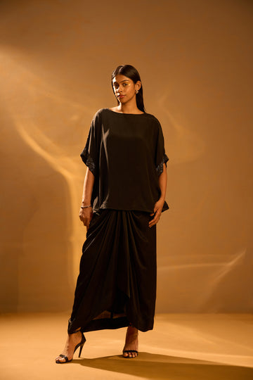 Embellished Sleeve Cape Top & Center-front Pleated Skirt