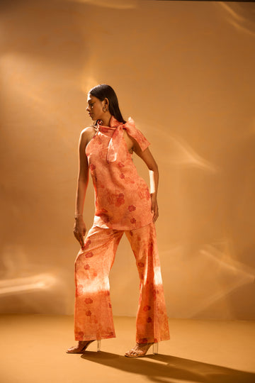 Printed Sleeveless Tie-up Top & Printed Satin Organza Flared Pants