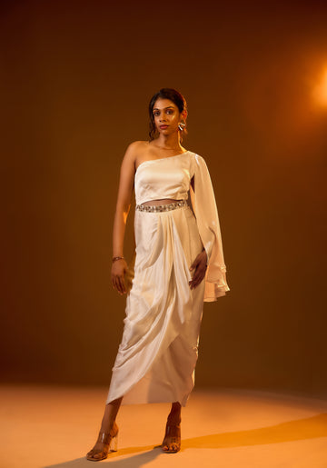 Embroidered one shoulder cape gown