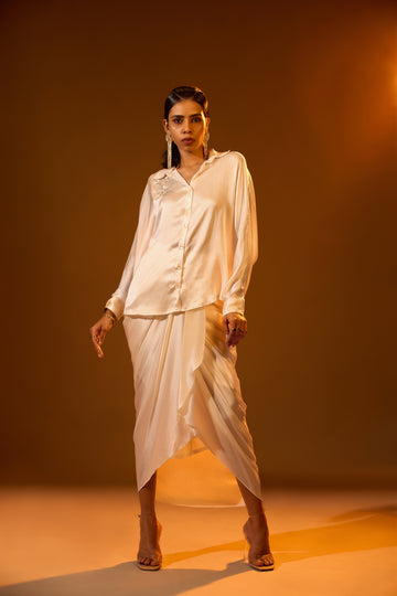 Floral Embroidery Relaxed Shirt & Overlap Pleated Draped Skirt