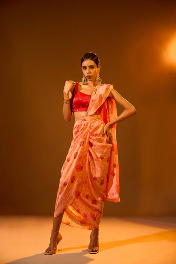 Strapped Tube Embellished Blouse & Printed Pre-draped Detachable Saree