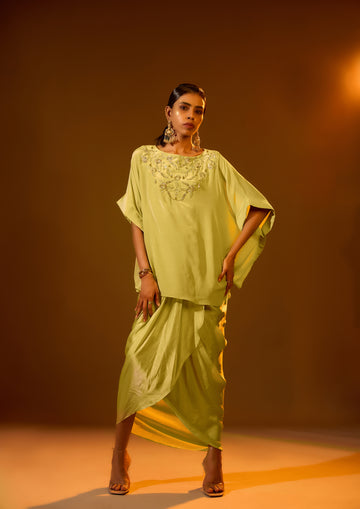 Embroidered Neckline Cape Top & Overlap Pleated Skirt
