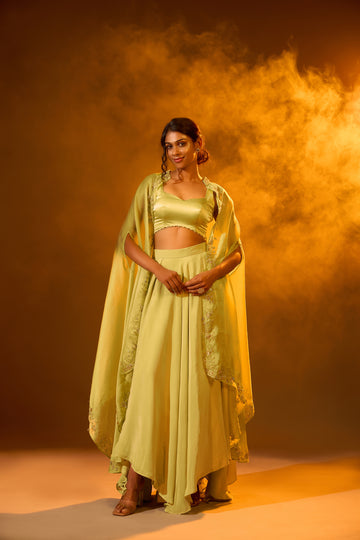 Embellished Backless Strap Blouse, High-low Embroidered Motifs Cape & Asymmetric Lehenga