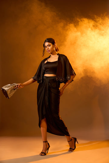 Strapped Satin Raw Silk Corset, ROJA Cut-Work Cape & Overlap Pleated Skirt