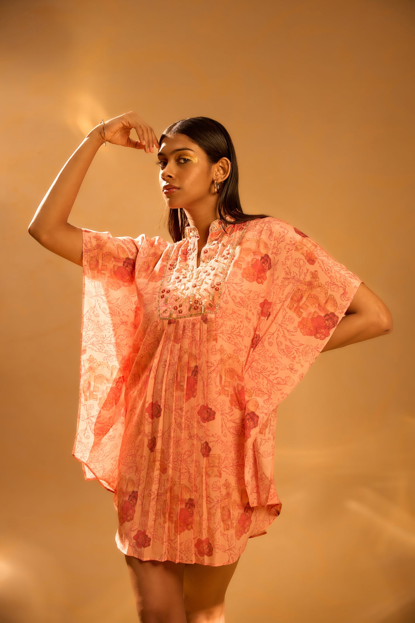 Short Printed Embroidered Kaftan with Slip & Box-Pleated Pants
