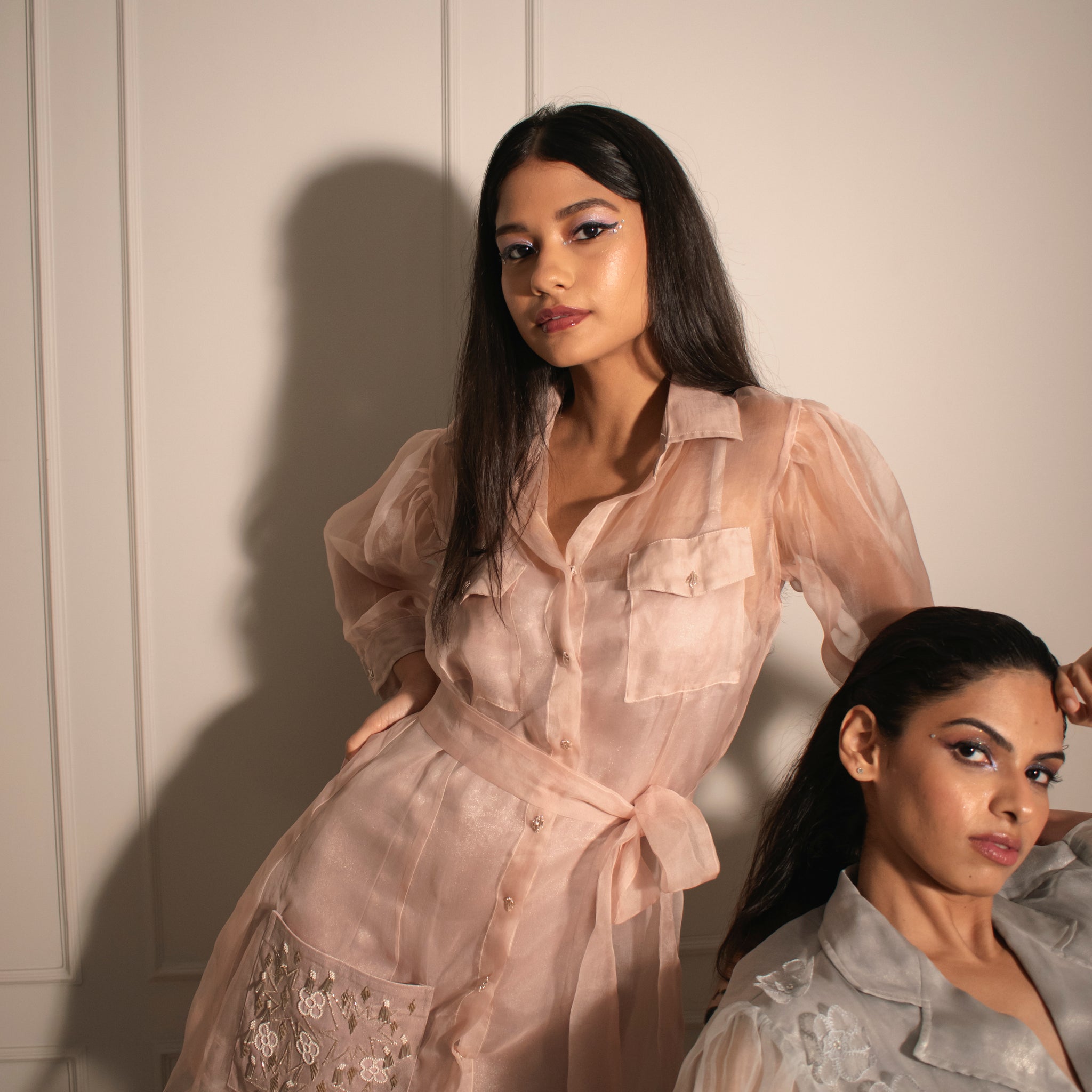 Embroidered Organza Shirt Dress & Foil Slip Dress
