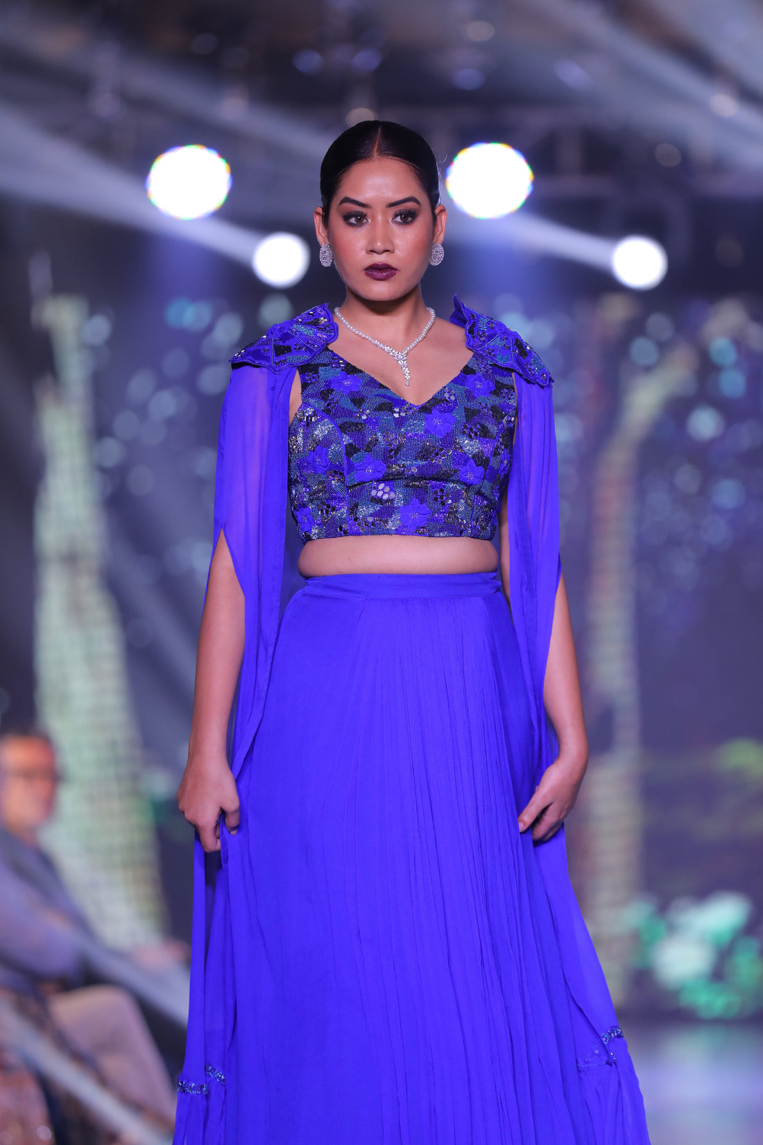 V-neck Embroidered Blouse, Knife Pleated Skirt (with can-can) & AZUL Cape