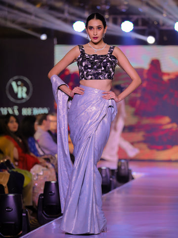 Foil Pre-Draped Saree & Embroidered Applique Blouse