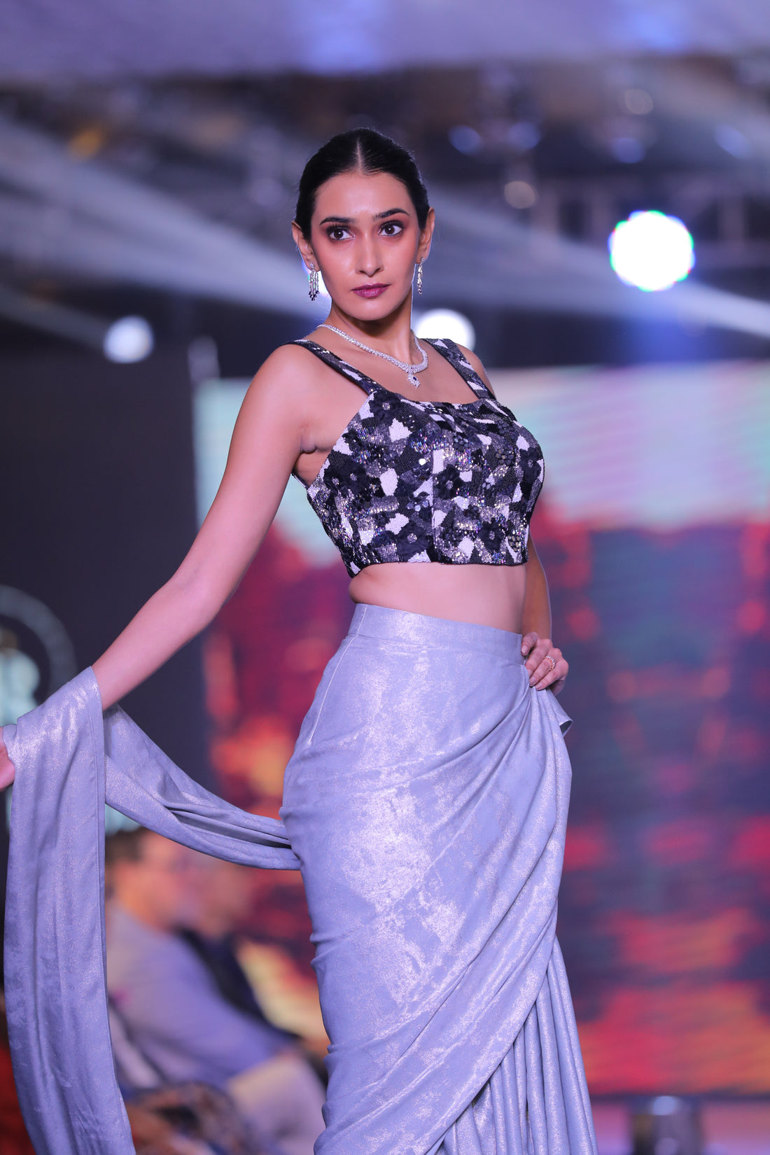 Foil Pre-Draped Saree & Embroidered Applique Blouse