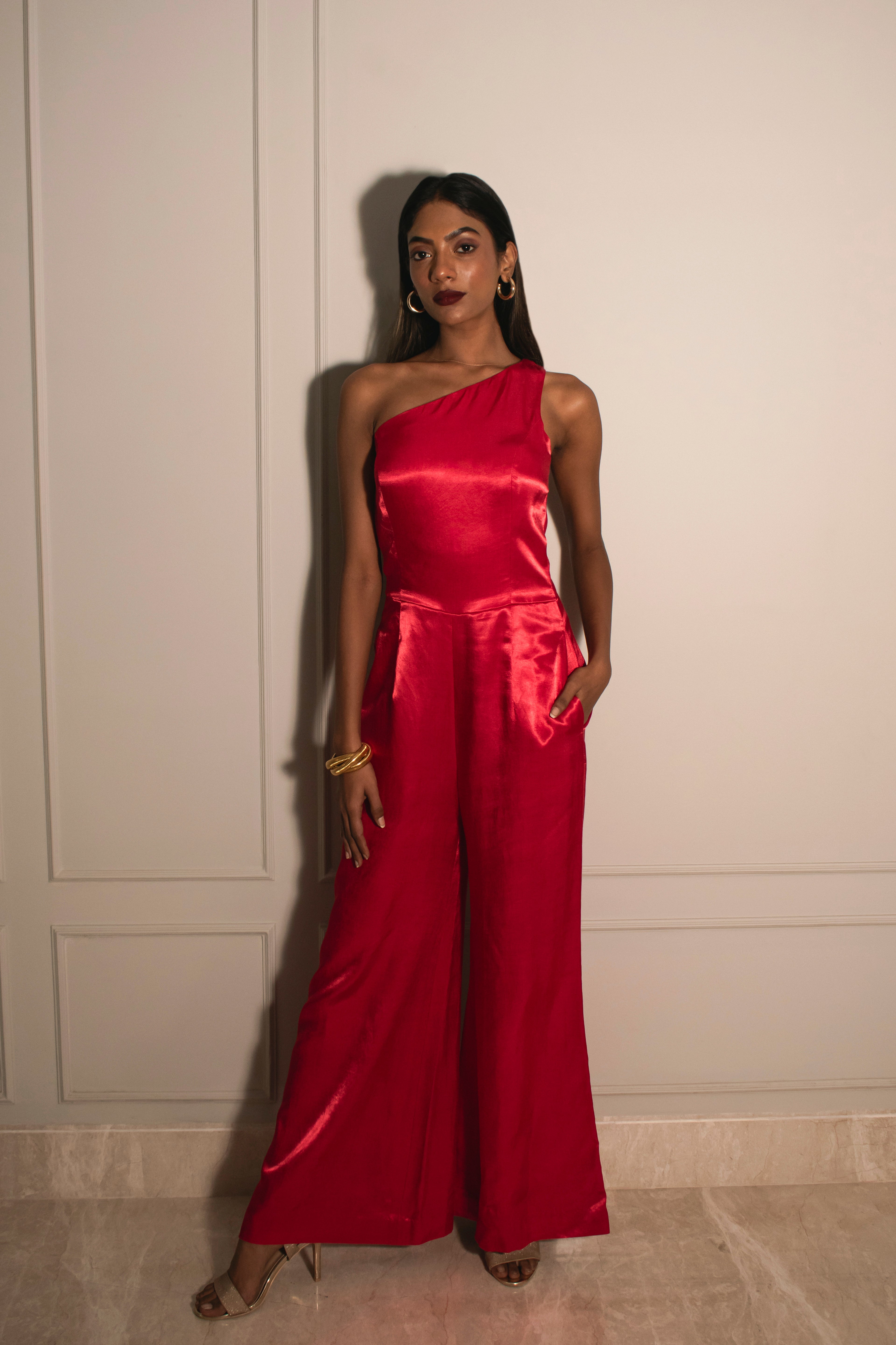 One-shoulder Jumpsuit with Detachable Poncho Cape