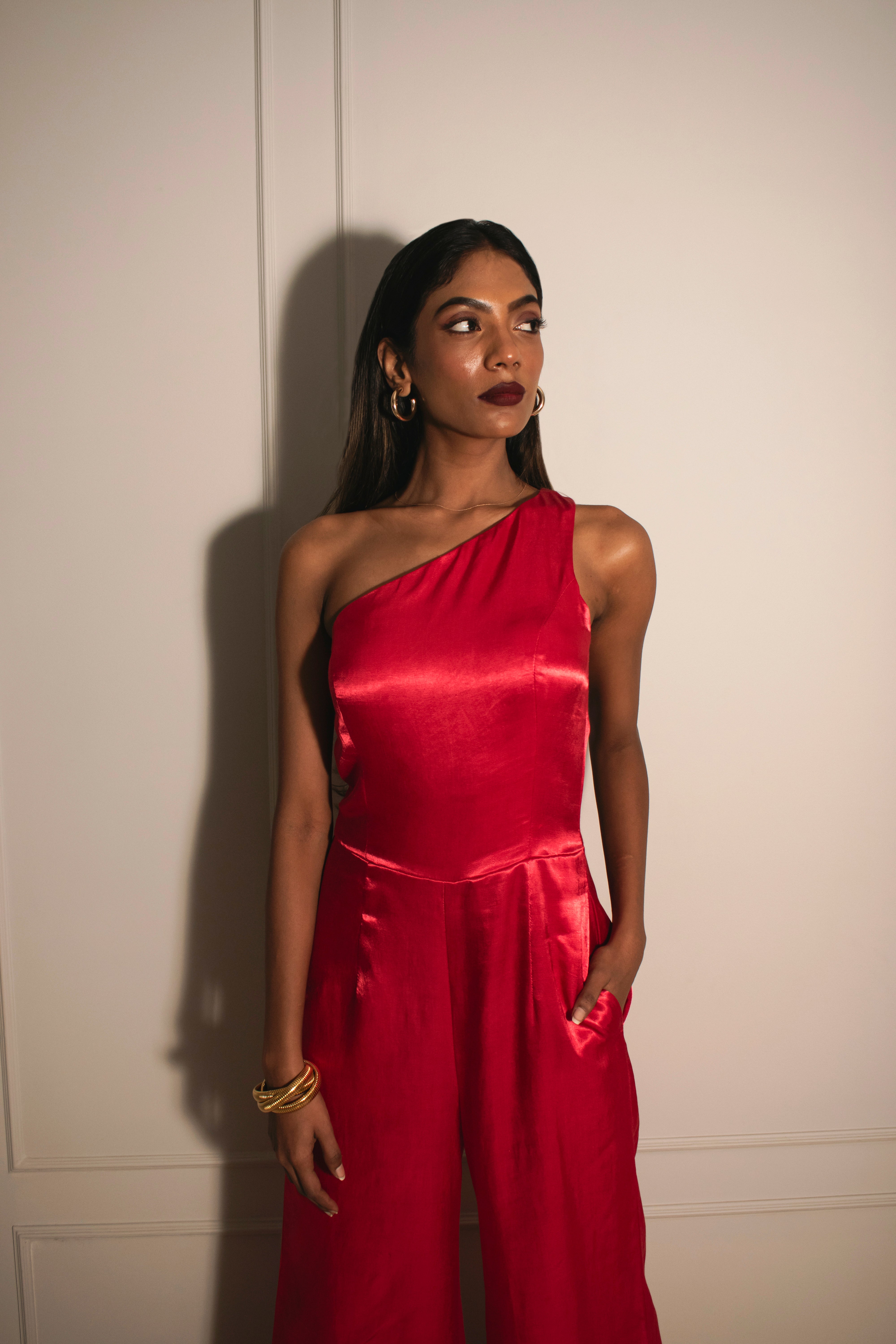 One-shoulder Jumpsuit with Detachable Poncho Cape