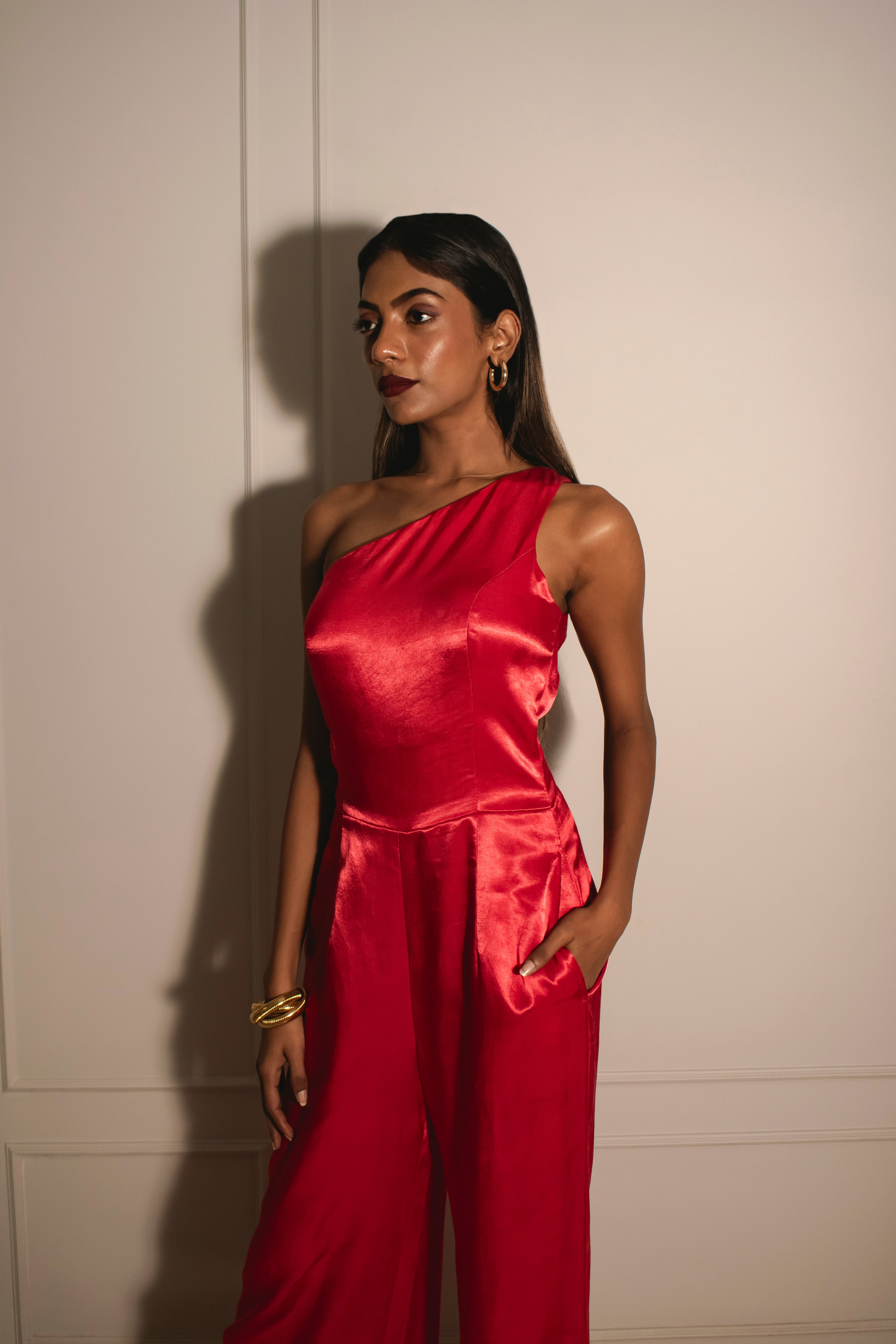 One-shoulder Jumpsuit with Detachable Poncho Cape