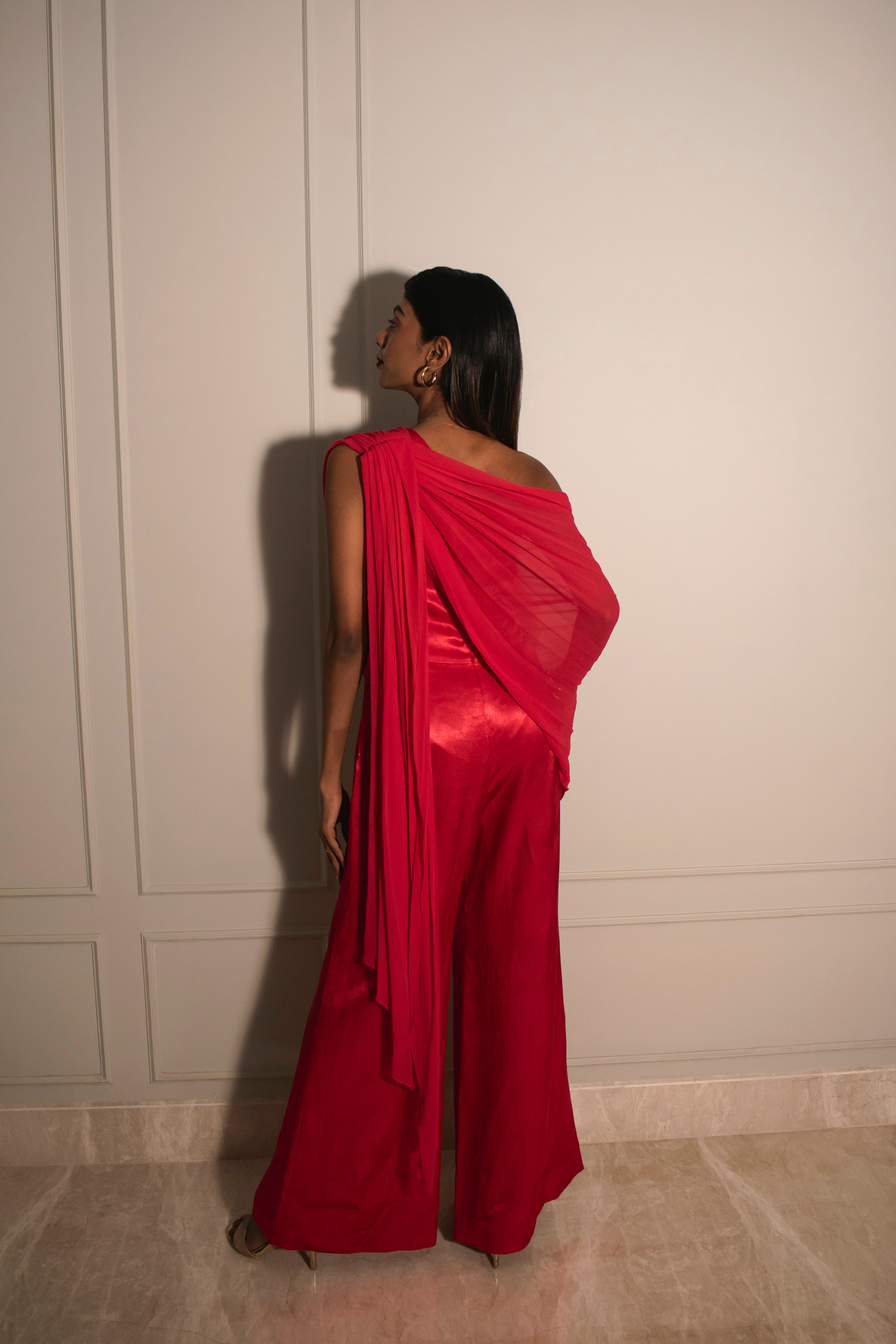 One-shoulder Jumpsuit with Detachable Poncho Cape