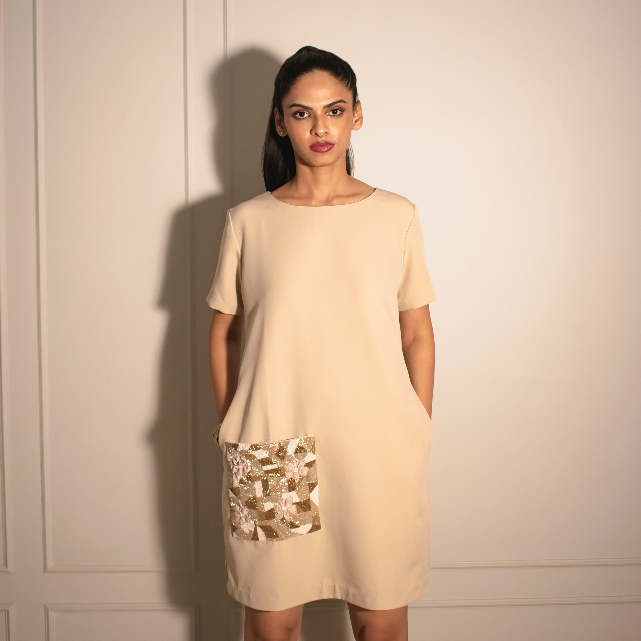 Embroidered Pocket Classic Mini Dress