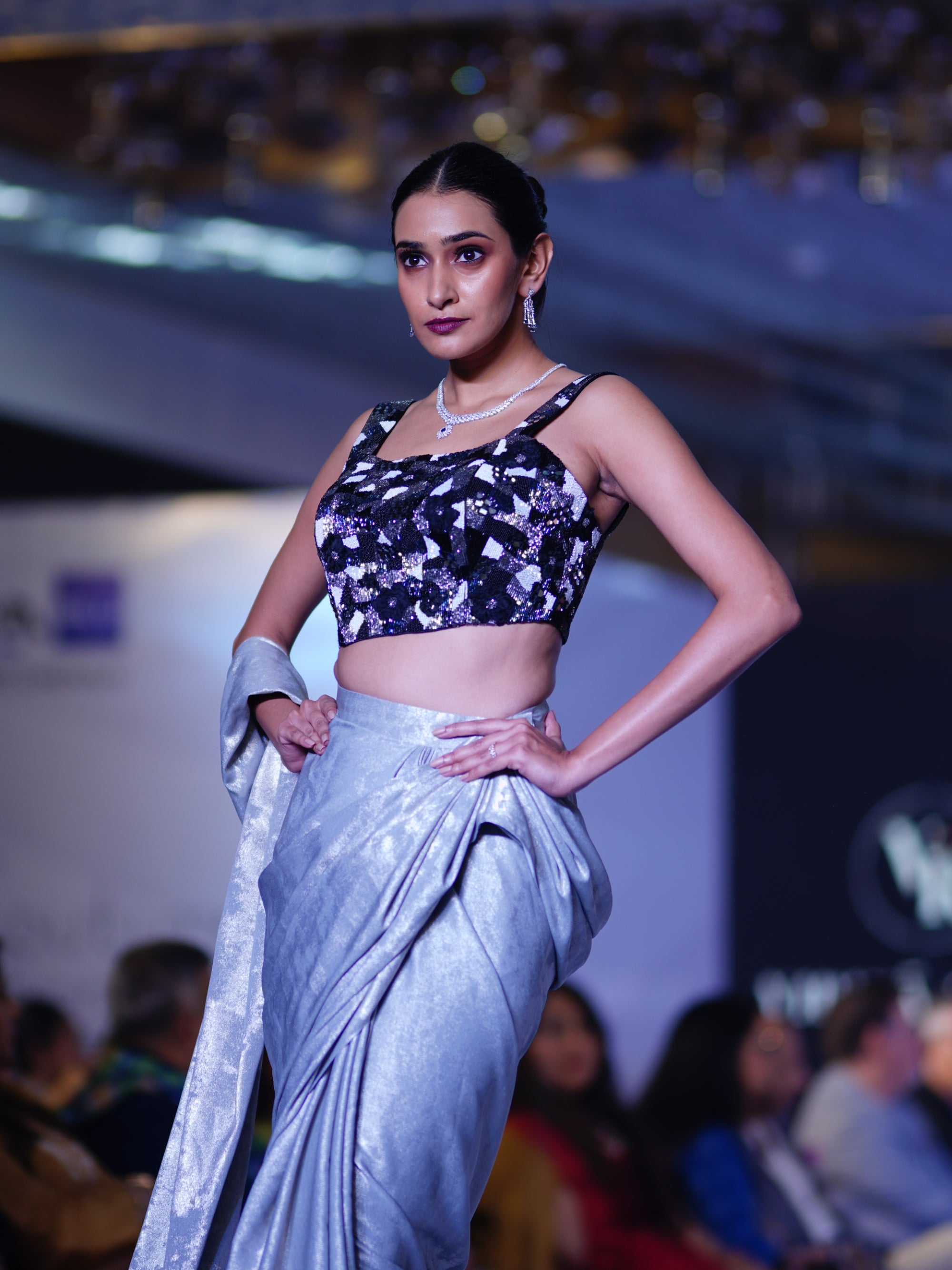 Foil Pre-Draped Saree & Embroidered Applique Blouse