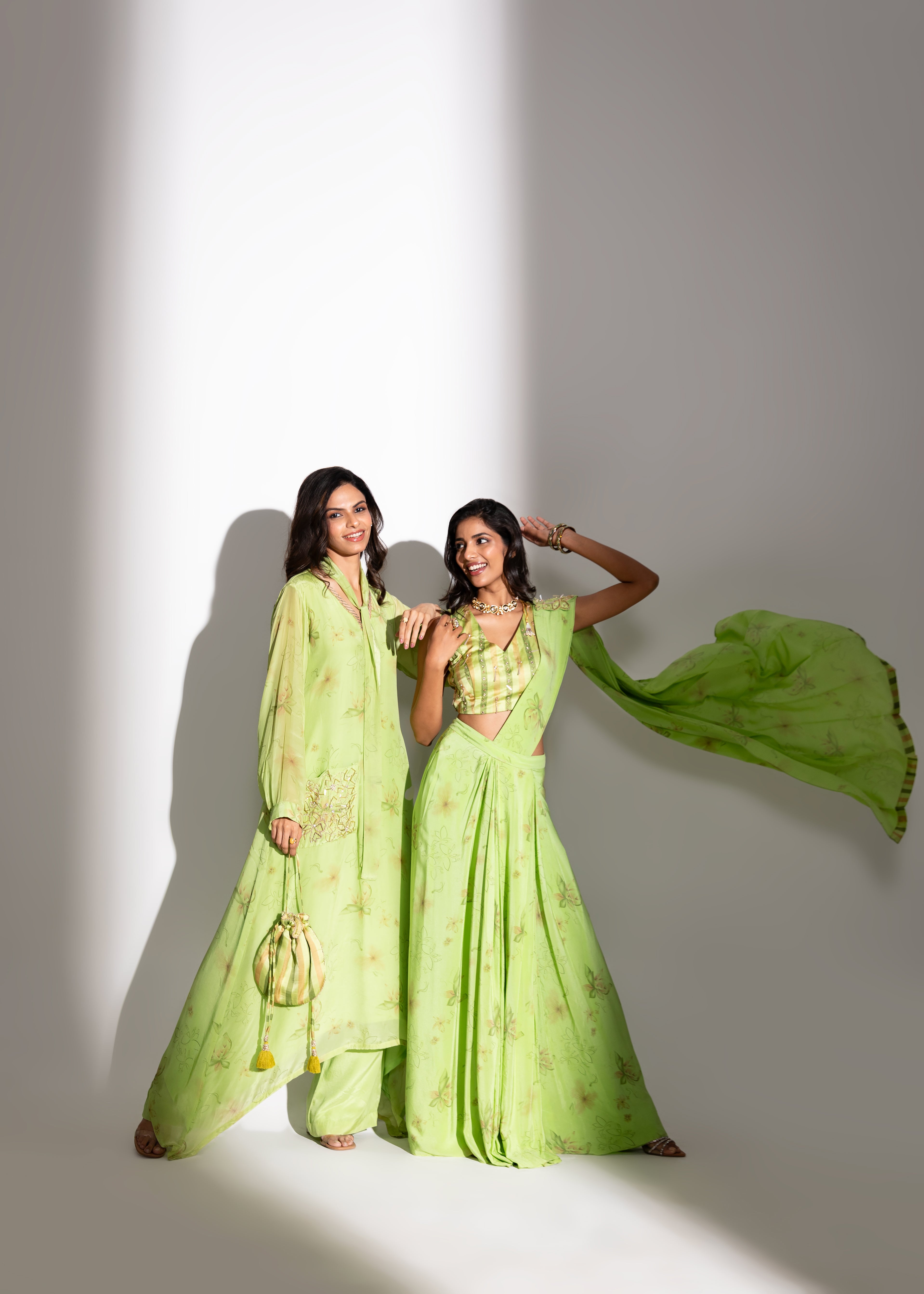 Lime Printed Asymmetric Maxi Tunic & Relaxed Pants
