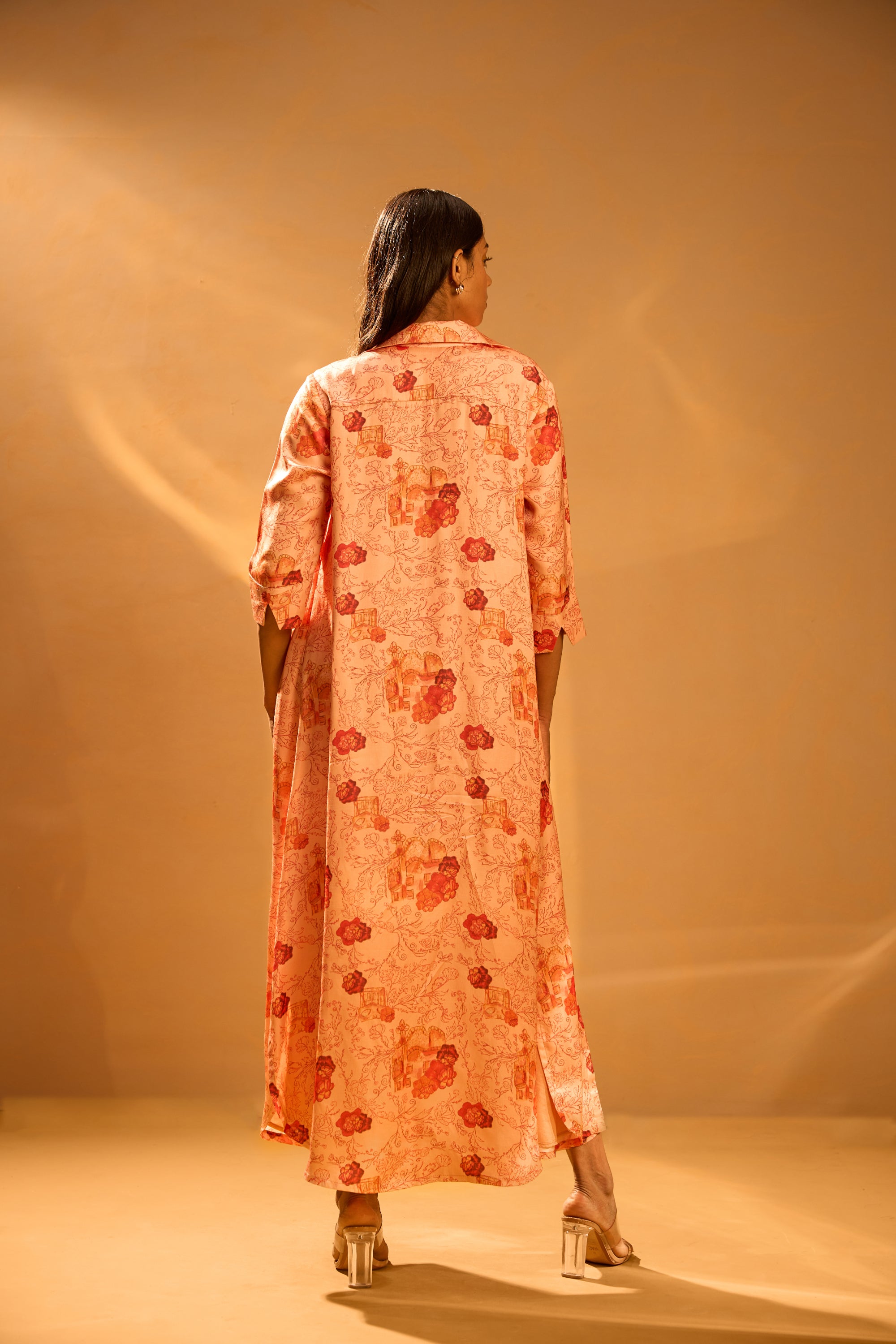 Printed Maxi Shirt Dress, Embellished Backless Strap Blouse & Overlap Pleated Printed Crepe Skirt