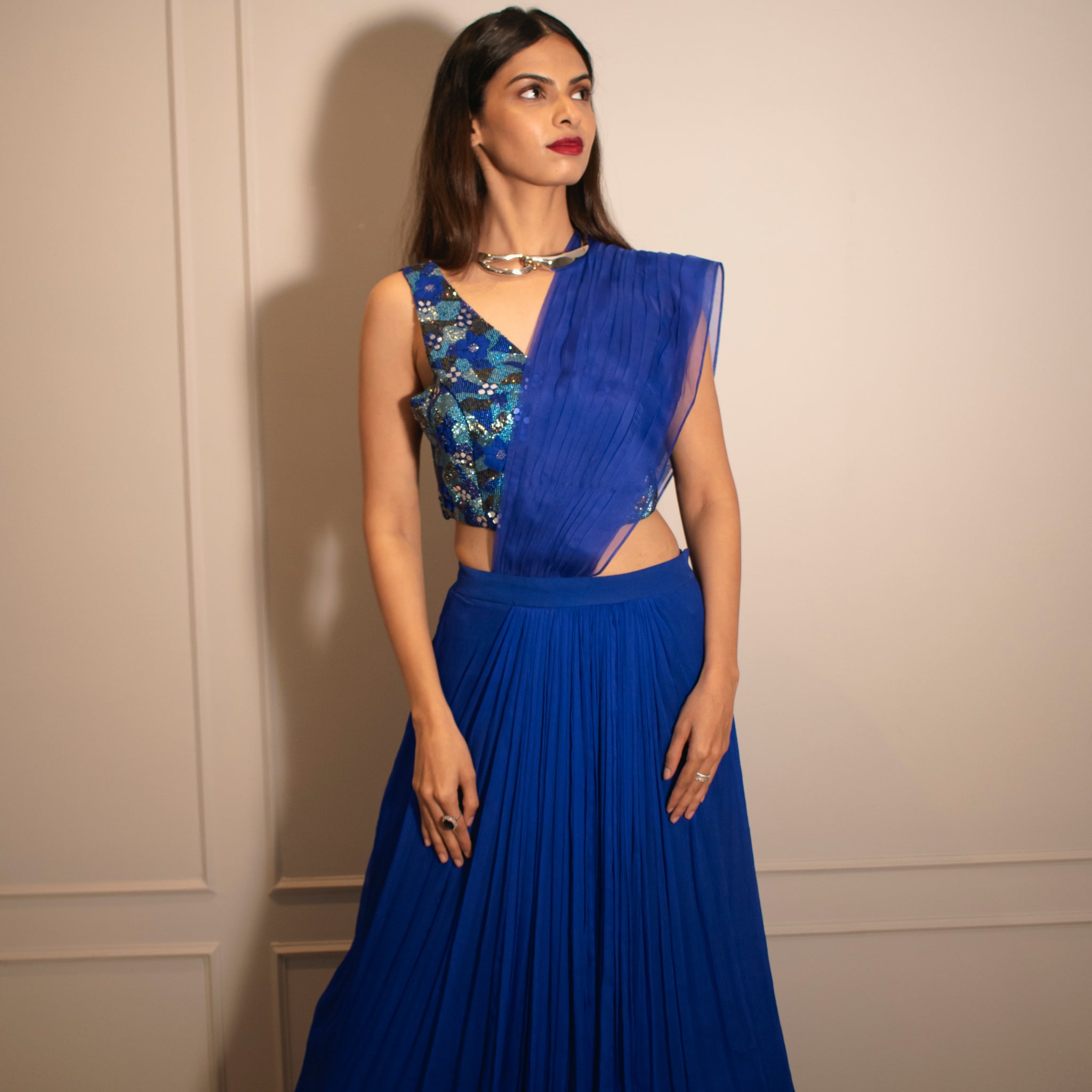 V-neck Embroidered Blouse & Knife Pleated Skirt (with can-can)