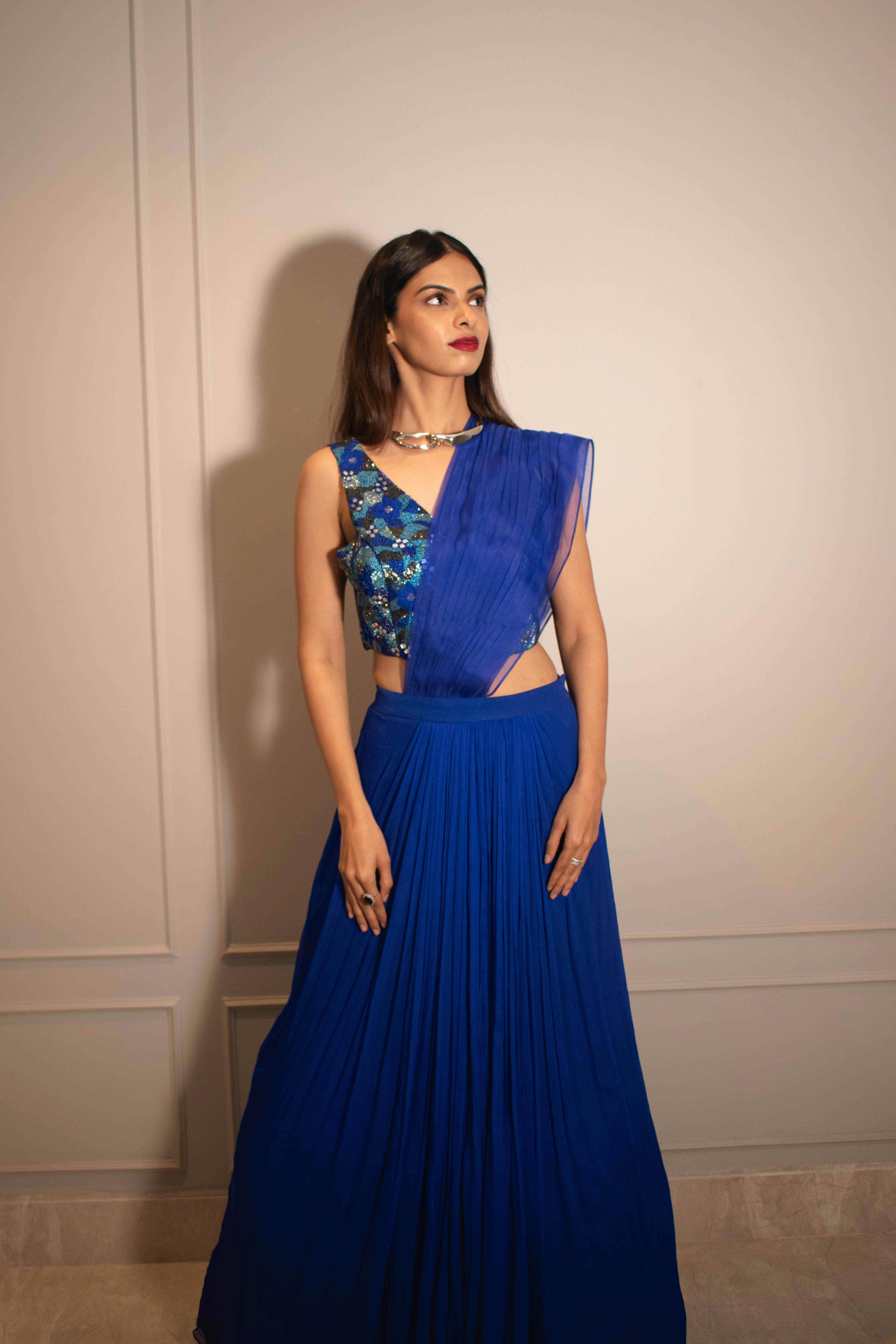 V-neck Embroidered Blouse & Knife Pleated Skirt (with can-can)