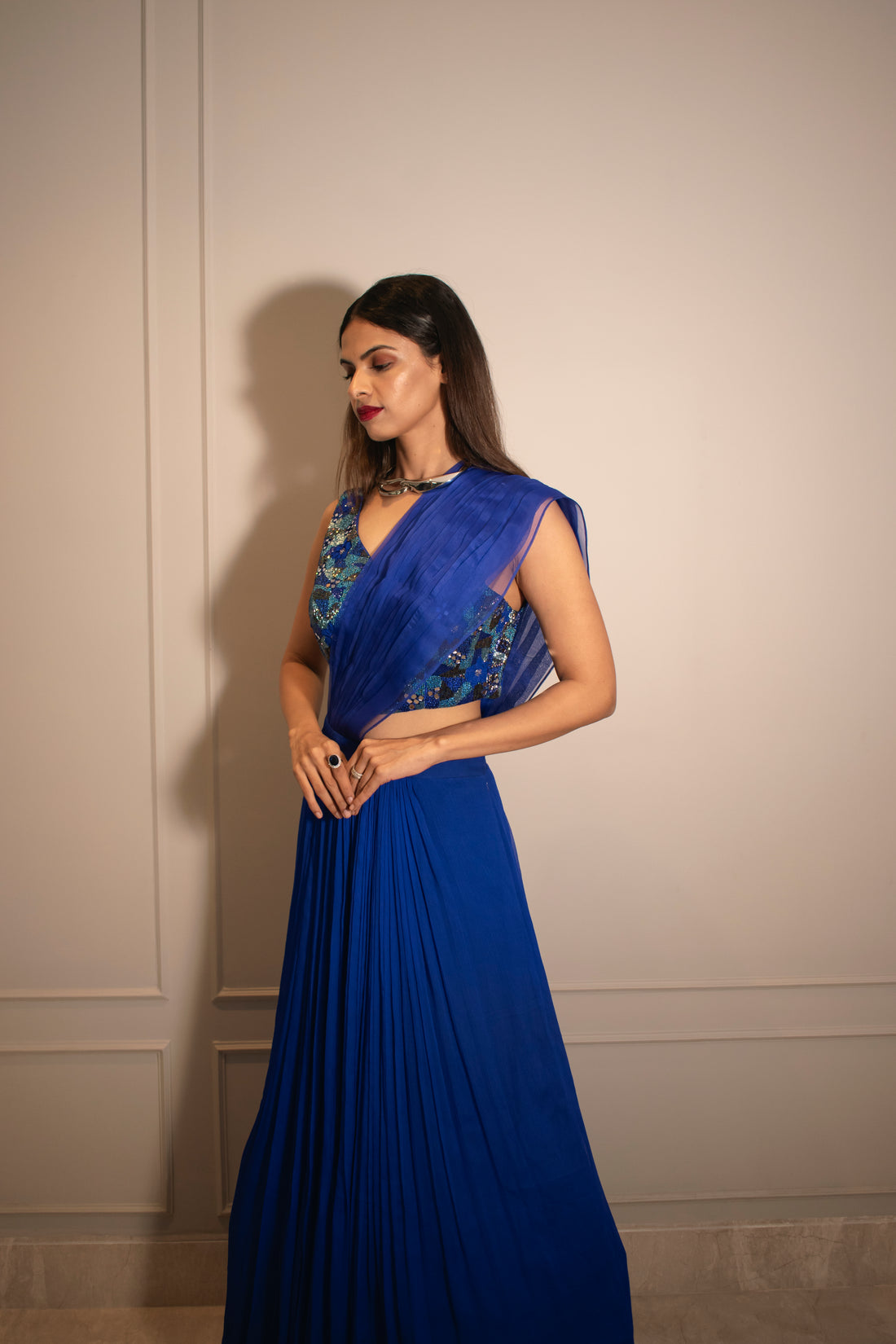 V-neck Embroidered Blouse & Knife Pleated Skirt (with can-can)
