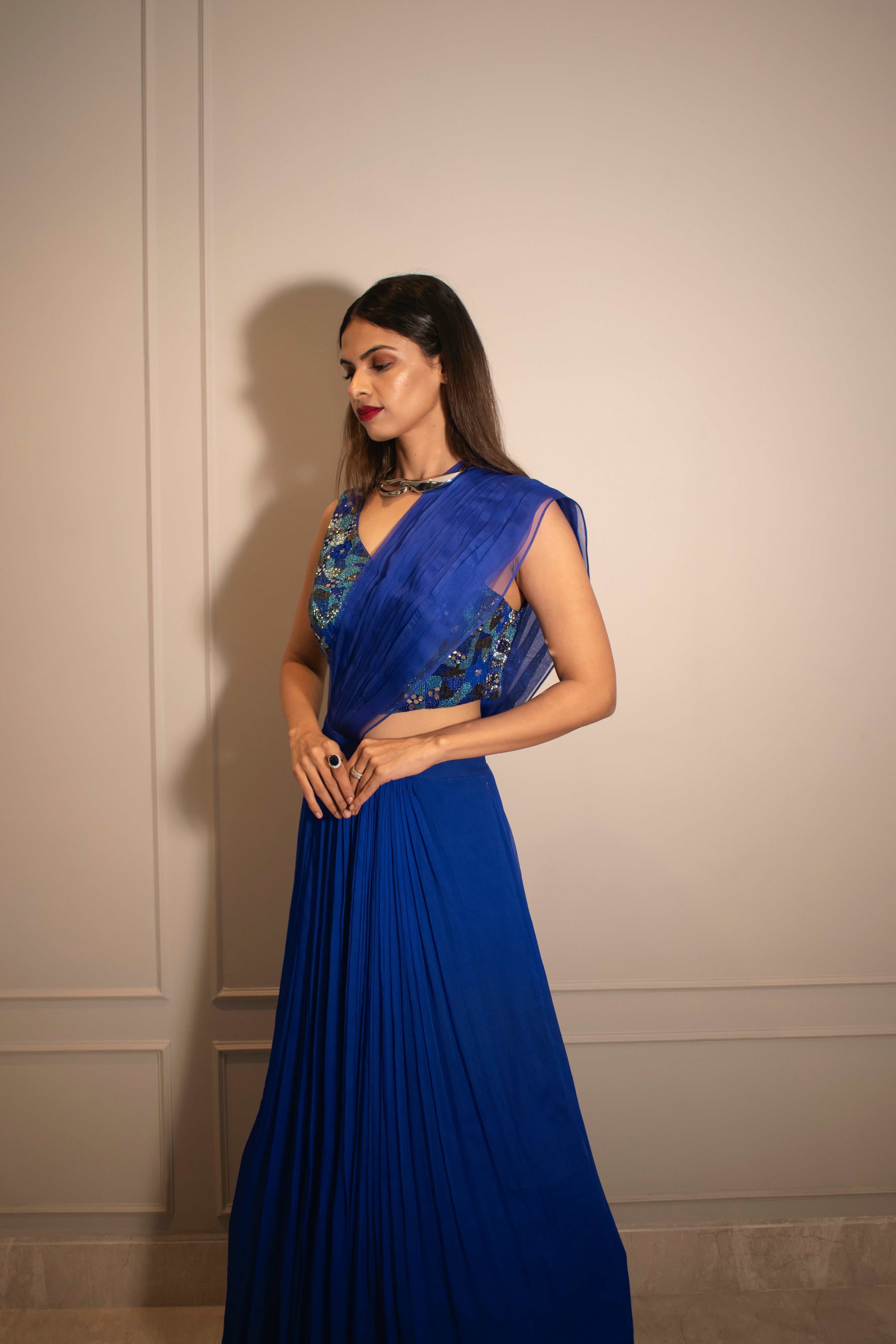 V-neck Embroidered Blouse & Knife Pleated Skirt (with can-can)