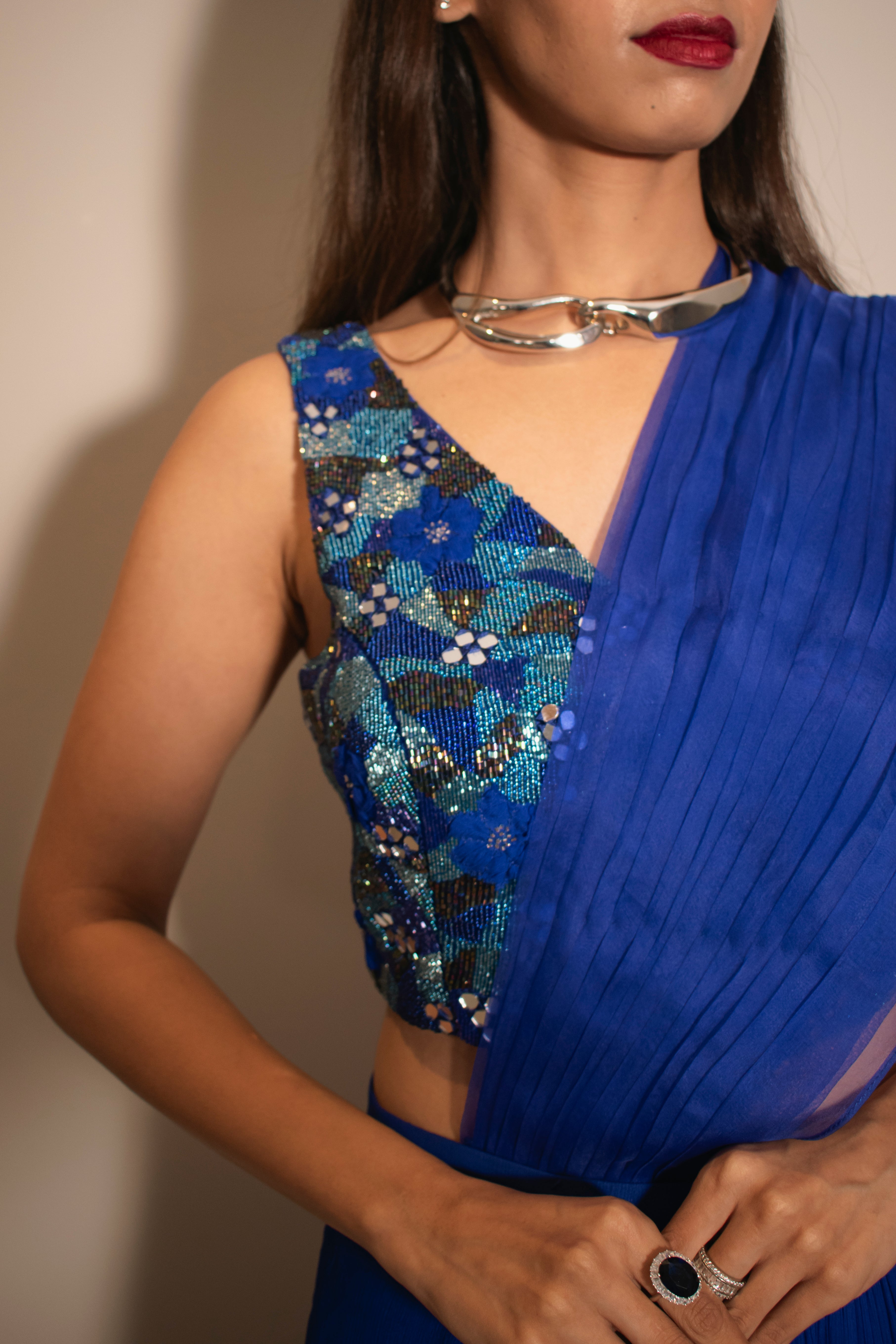 V-neck Embroidered Blouse & Knife Pleated Skirt (with can-can)