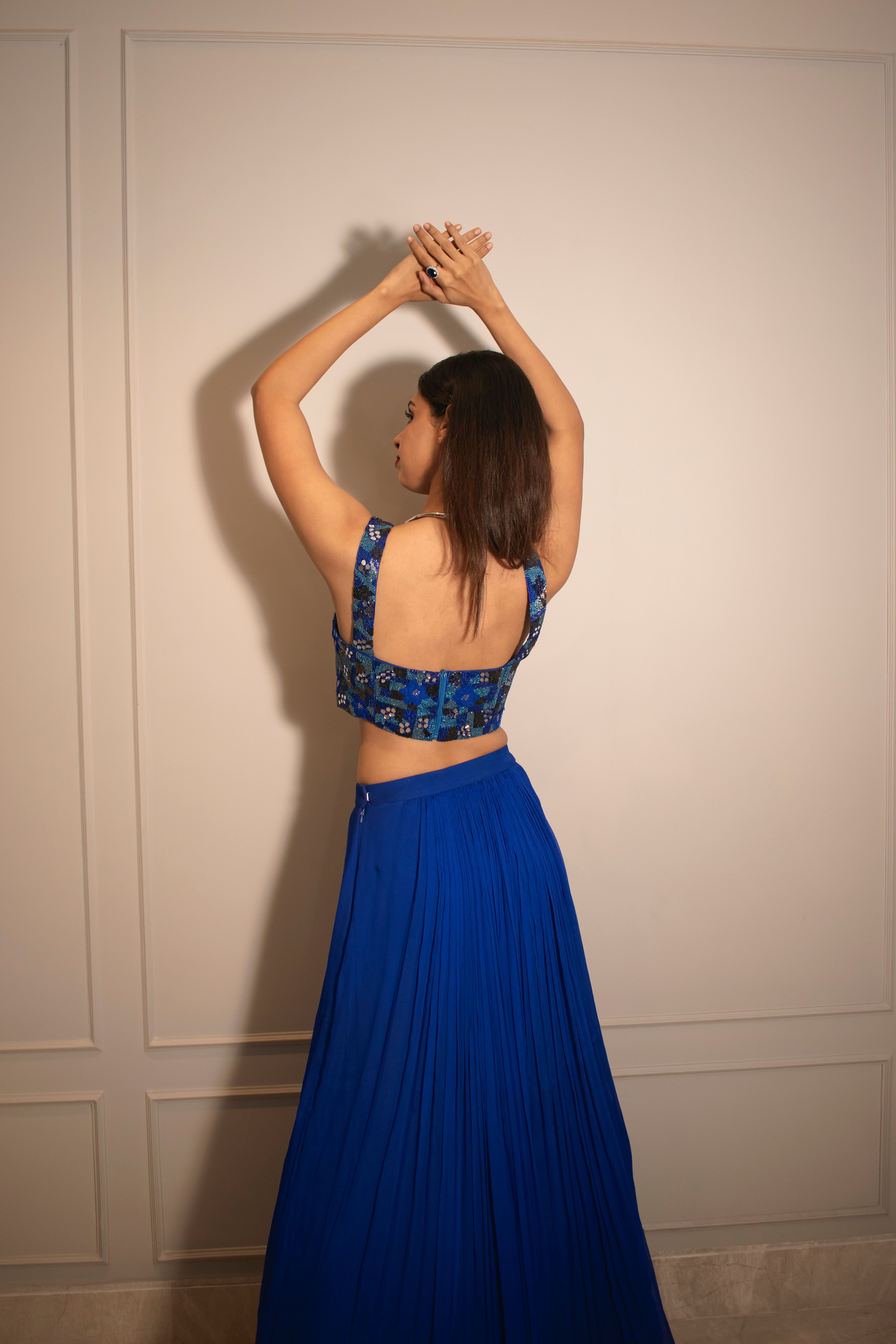 V-neck Embroidered Blouse & Knife Pleated Skirt (with can-can)