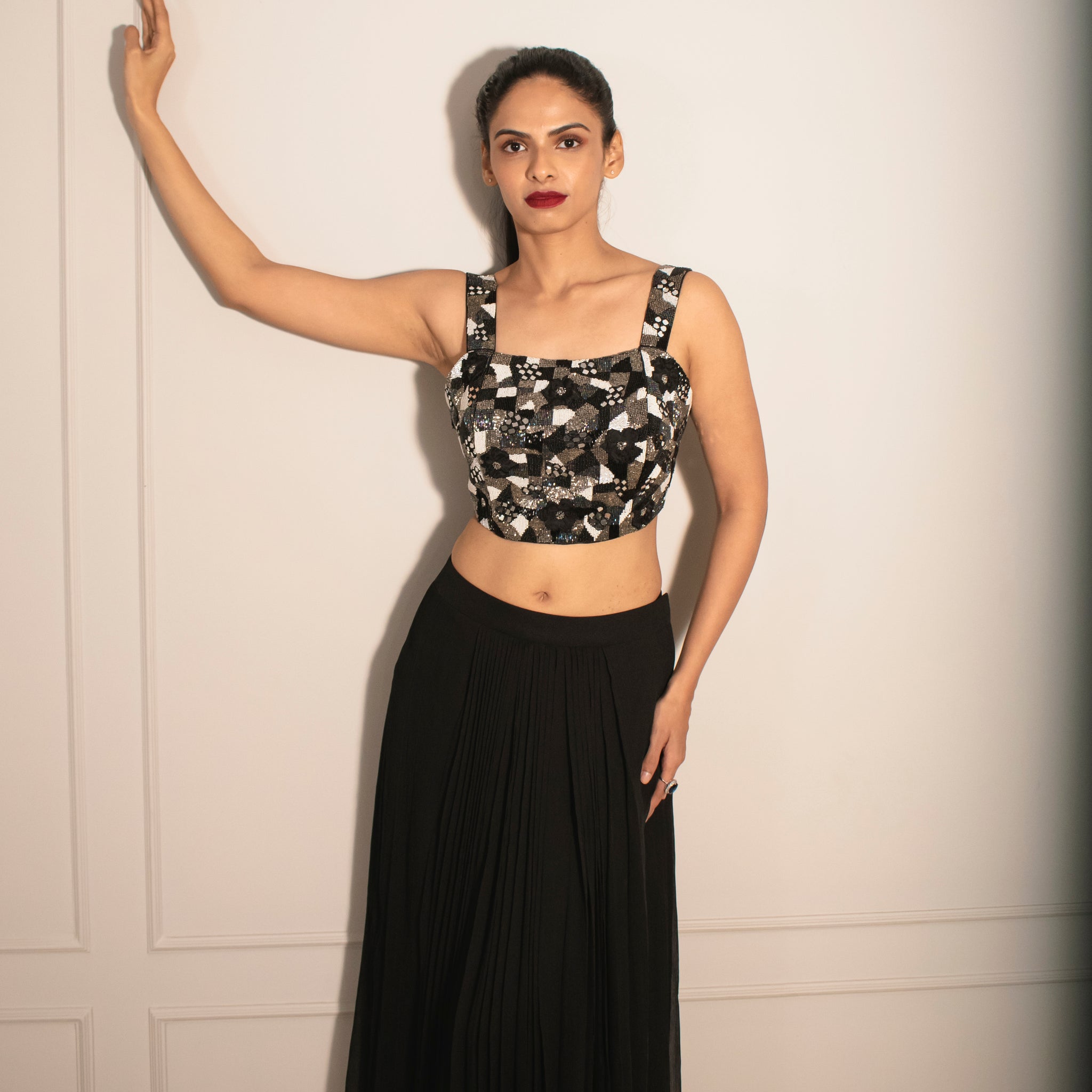Embroidered Applique Blouse & Knife Pleated Skirt (without can-can)