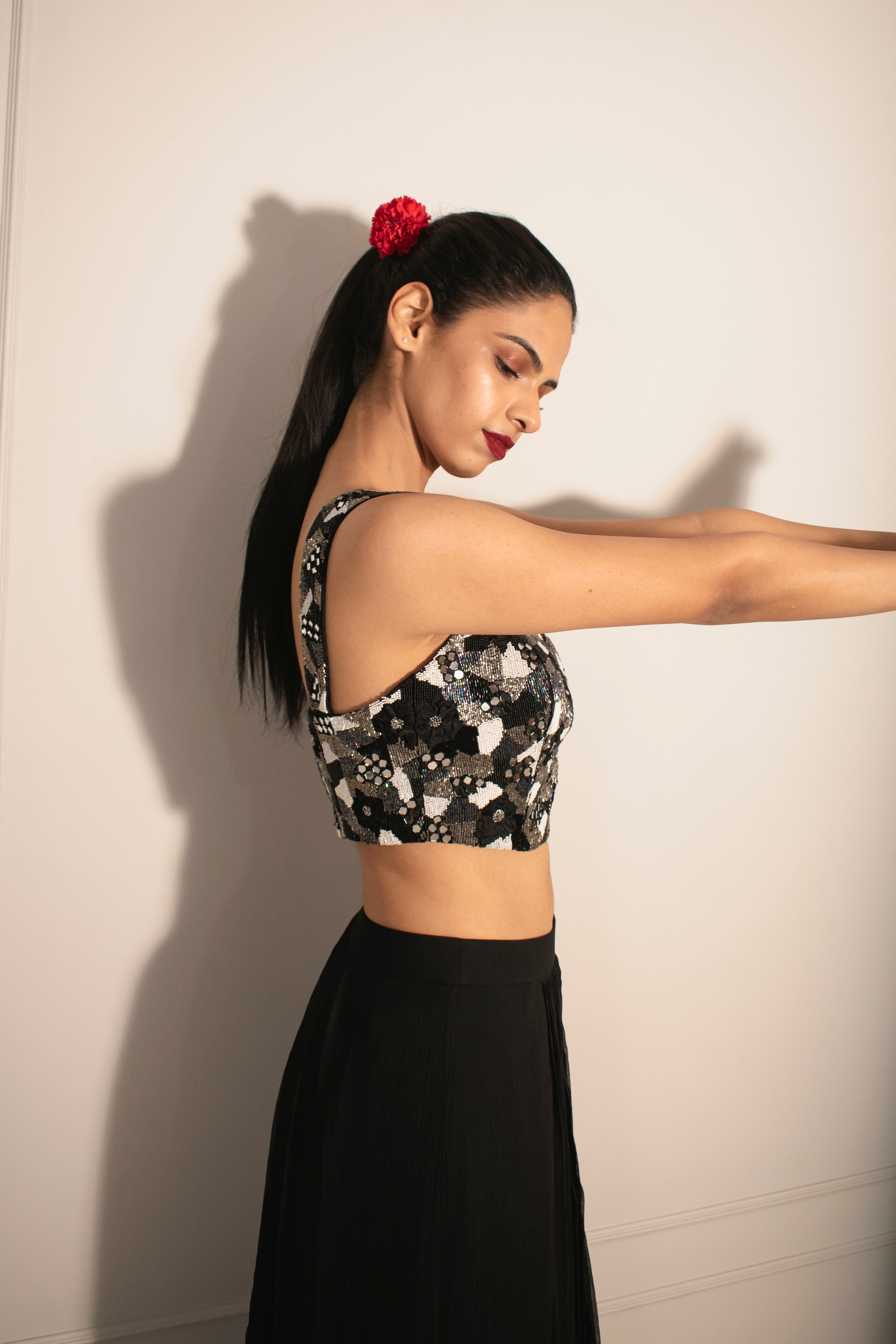 Embroidered Applique Blouse & Knife Pleated Skirt (without can-can)
