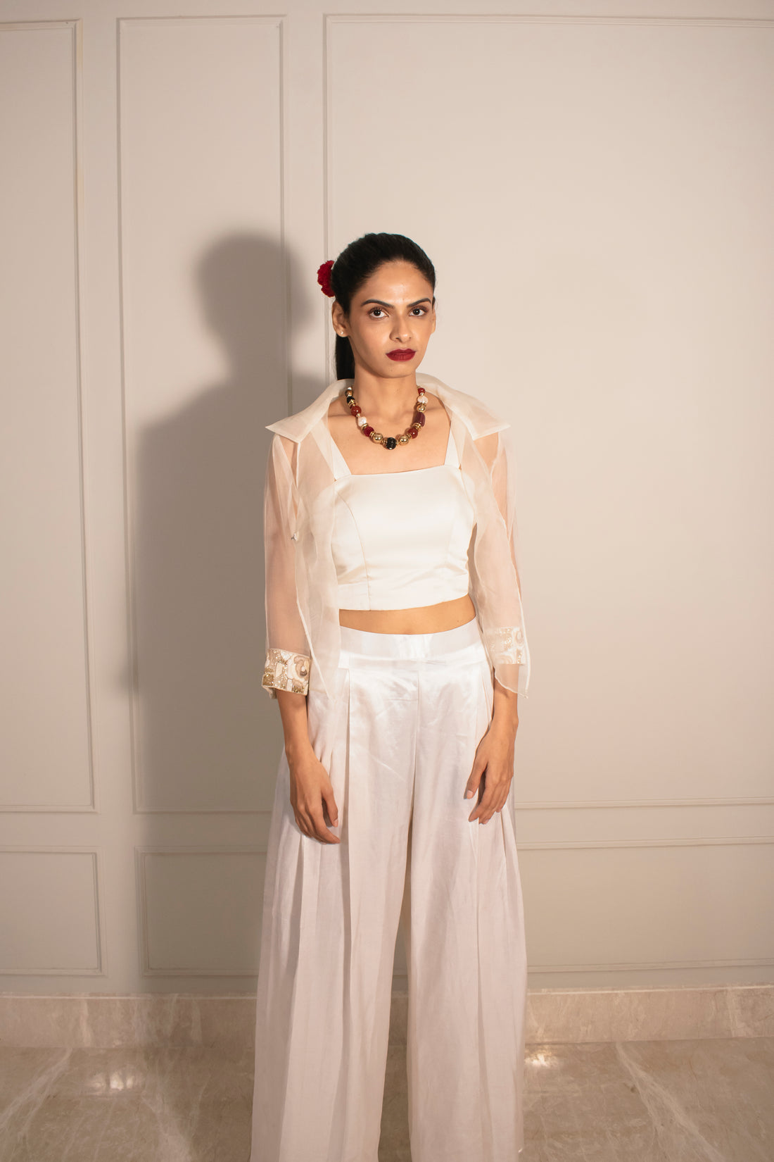 Sheer Crop Jacket, Tube Top & Inverted Pleat Flare Pants