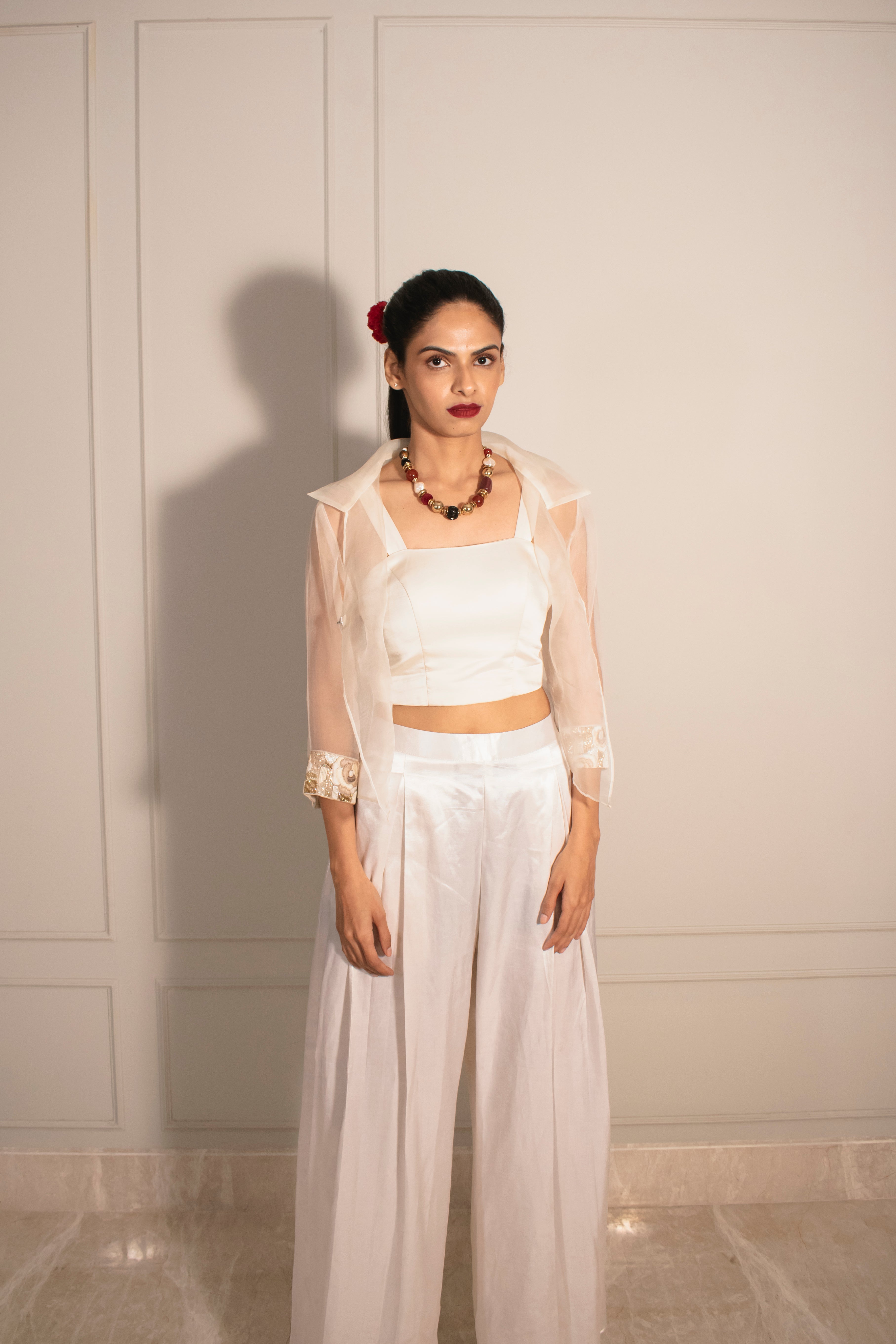 Sheer Crop Jacket, Tube Top & Inverted Pleat Flare Pants
