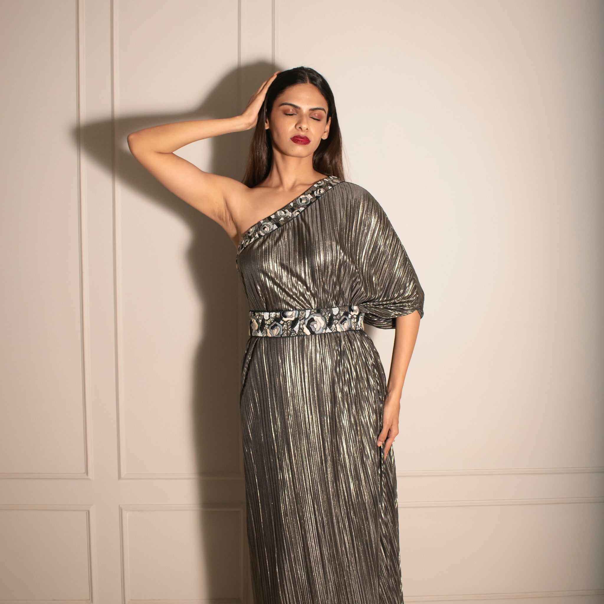 Shimmer Kaftan Gown & Hand-embroidered Belt