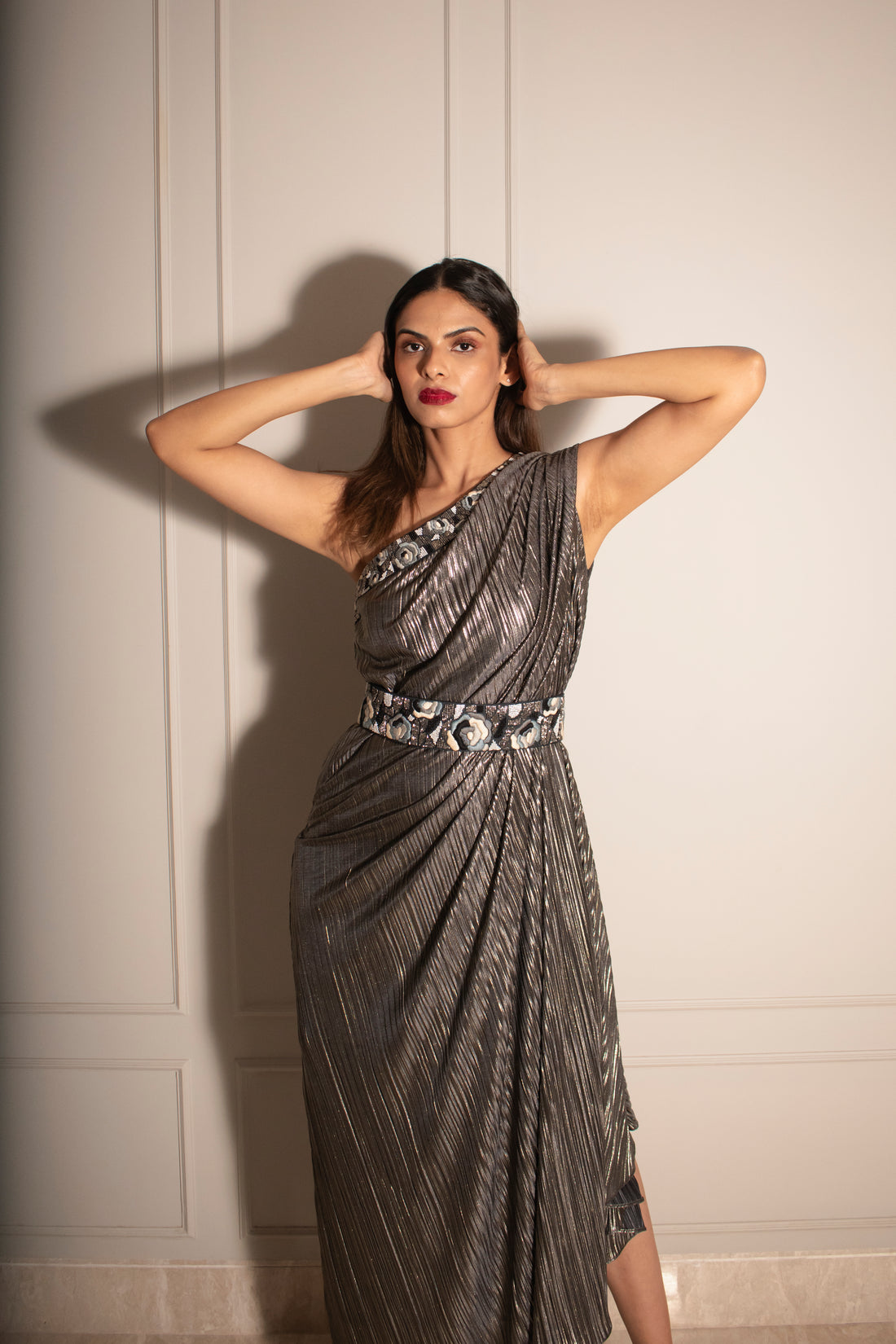 Shimmer Kaftan Gown & Hand-embroidered Belt