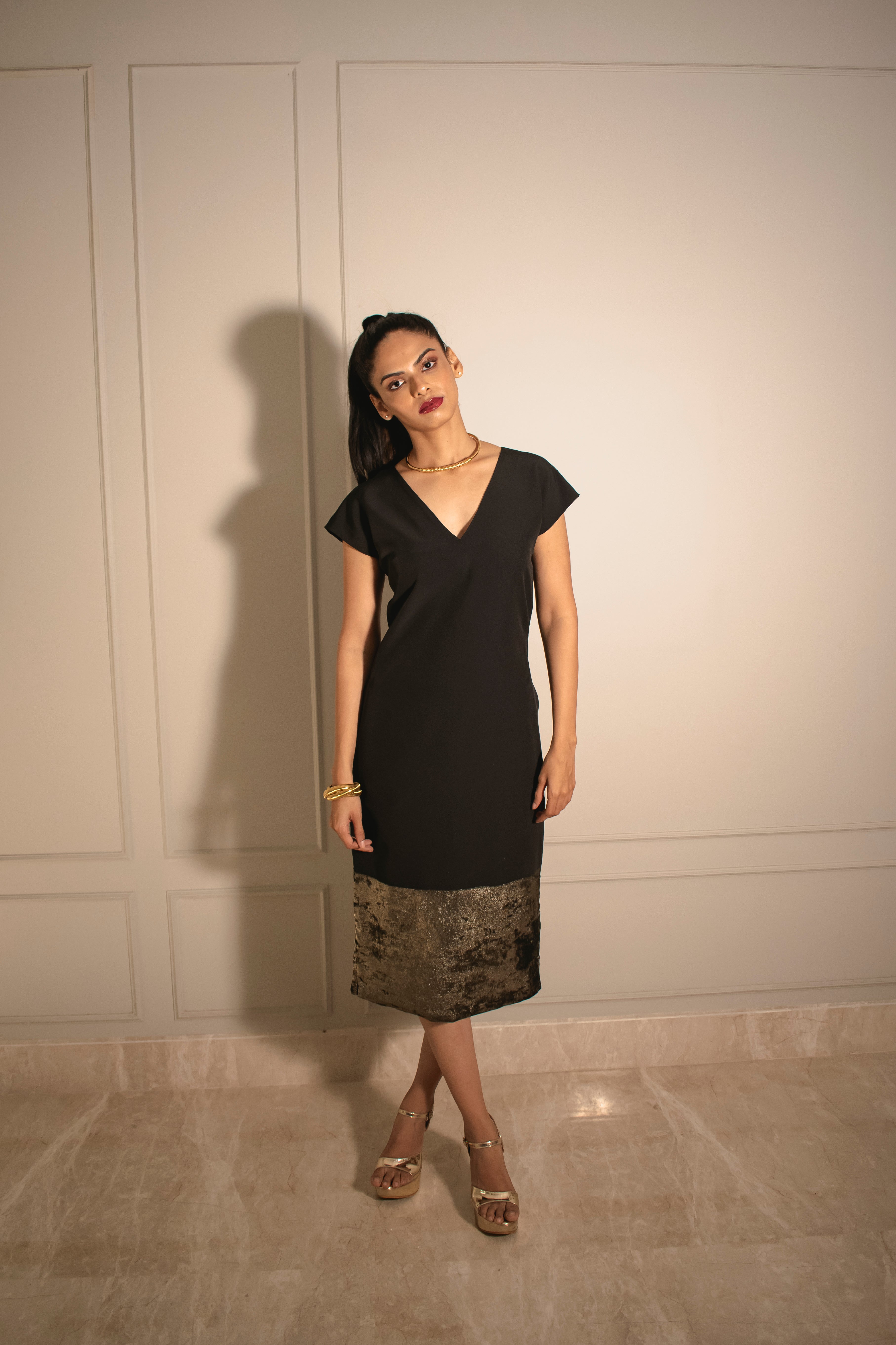 Gold Foil Tailored Midi Dress