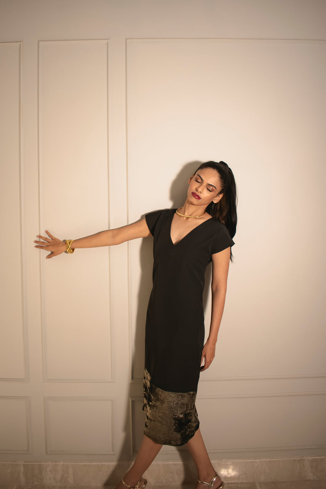 Gold Foil Tailored Midi Dress